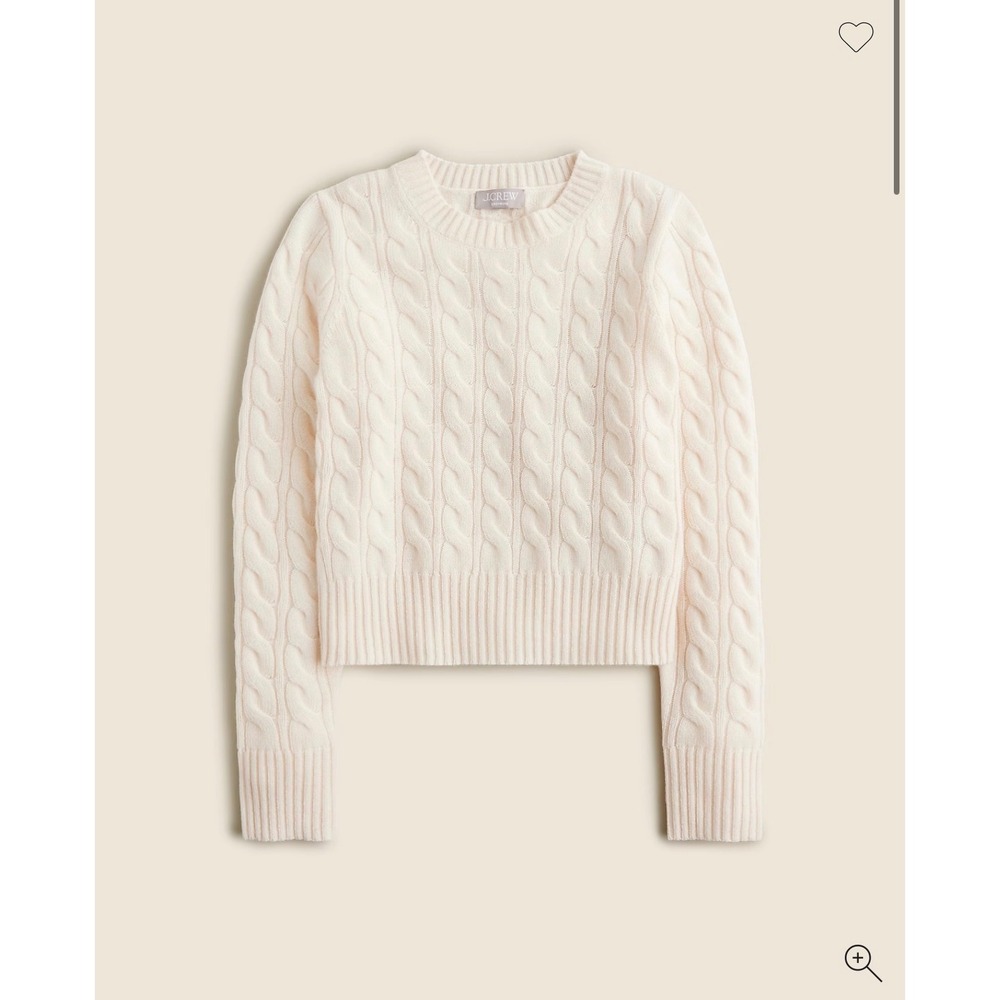 J.Crew Cashmere Shrunken Cable-Knit Crewneck Sweater Ivory Cream BV343 Small